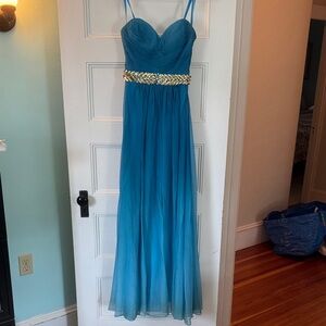 La Femme Strapless Blue Dress with Gold Detailing